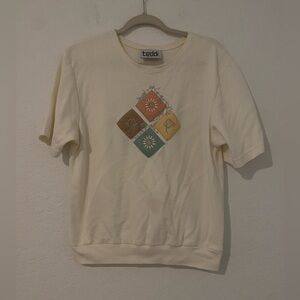 Teddi Cream Short Sleeve Tee with Rust Mustard Teal Patch Squares